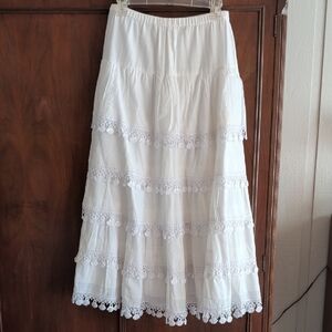 Unique White Maxi Skirt with Crochet Trim